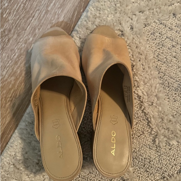 ALDO Nude Dorothy Soft Leather Wooden Block Heel Peep Toe Slip-on Slide … - Picture 7 of 8